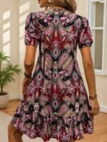 Kadın Kısa Kollu V Yakalı Desenli Kısa Süprem Elbise - Görsel 4