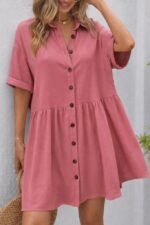 Kadın Kısa Kollu Yakalı önden Düğmeli Kısa Bürümcük Elbise - Görsel 2
