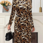 Kadın Uzun Kollu Bisiklet Yaka Desenli Dalgıç Kısa Elbise