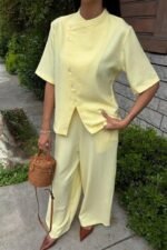 Hakim Yaka Çapraz Düğmeli Plazzo Pantolon Viscon Keten Takım 10209 - Görsel 3