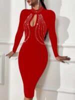 Kadın Uzun Kollu Balıkçı Yaka Taşlı Damla Detay Midi Ithal Krep Elbise - Görsel 2