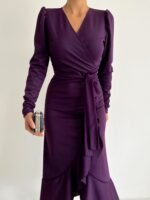 Krep Kumaş Midi Boy Kuşaklı Uzunkol Elbise - Görsel 8