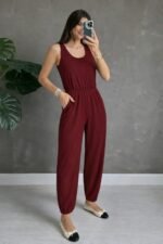 Kadın Askılı Yuvarlak Yakalı Cepli Viskon Tulum - Görsel 2