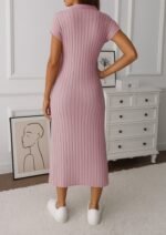 Kadın Kısa Kollu Yakalı Yandan Yırtmaçlı Kalın Fitilli Kaşkorse Elbise - Görsel 3