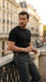 Erkek Basic Bisiklet Yaka Kısa Kollu Triko Tişört - %100 Pamuk Akrilik - Görsel 3