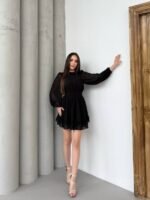 Kadın Yarım Balıkçı Yaka Kolları Transparan Astarlı Full şifon Elbise - Görsel 7