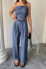 TENCEL CROP ASKILI BLUZ - ŞALVAR PANTOLON TK - İndigo - Görsel 3