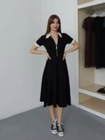 Kadın Polo Yaka Fermuar Detaylı Modal Midi Elbise - Görsel 6