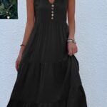 Kadın Askılı V Yakalı önden Düğmeli Midi Viskon Elbise