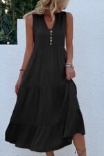 Kadın Askılı V Yakalı önden Düğmeli Midi Viskon Elbise