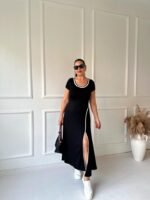 Kadın Yuvarlak Ribana Yaka Beyaz Yırtmaç Detaylı Viskon Tam Boy Elbise - Görsel 9