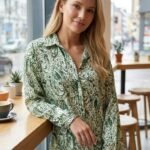 Kadın Uzun Kollu Dalgalı Desen Baskılı Gömlek