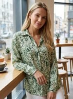 Kadın Uzun Kollu Dalgalı Desen Baskılı Gömlek