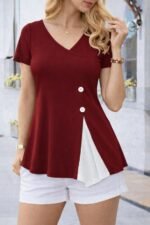 Kadın Kısa Kollu Asimetrik V Yakalı Düğme Detaylı Viskon Bluz - Görsel 3