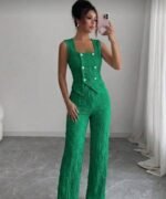 Kadın Düğmeli Bürümcük Kumaş Takım - Görsel 2