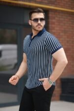 Erkek çizgili Fermuar Yakalı Kısa Kollu Tişört - Görsel 2