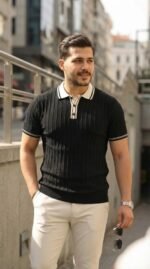 Erkek Düğme Yakalı Kontrast Yaka Triko Tişört - Görsel 4