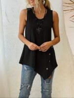 Kadın Askılı Yuvarlak Yakalı Asimetrik Kesim Detaylı Viskon Bluz - Görsel 3