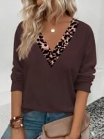 Kadın Uzun Kollu V Yakalı Leopar Detaylı Viskon Iki Iplik Bluz