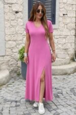 Kadın Kısa Kollu V Yakalı Maksi Boy Viskon Elbise