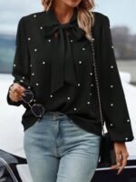 Kadın Uzun Kollu Yakadan Fiyonklu Incili Ithal Krep Bluz - Görsel 2