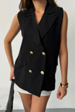 GOLD DÜĞMELİ KETEN YELEK - Siyah - Görsel 4