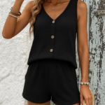 Kadın Askılı Kolsuz V Yakalı önden Düğmeli Bürümcük Bluz Ve Short Ikili Takım