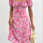 Kadın Kısa Kollu Mini çiçek Baskılı Bağcık Detay Süprem Midi Boy Elbise