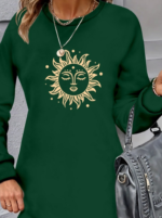 Kadın Uzun Kollu Bisiklet Yaka Güneş Desenli Viskon Iki Iplik Elbise - Görsel 2