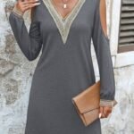 Kadın Uzun Kollu Omuzdan Açık V Dantel Yakalı Mini Waffle Elbise