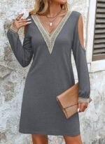 Kadın Uzun Kollu Omuzdan Açık V Dantel Yakalı Mini Waffle Elbise