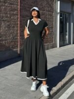 Kadın Kısa Kollu V Yakalı Pileli Uzun Janjan Krep Elbise - Görsel 2