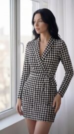 Kadın Uzun Kollu Kruvaze Yaka Bağlamalı Kemer Dalgıç Mini Boy Elbise - Görsel 3