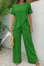 Kadın Kısa Kollu Bisiklet Yaka Asimetrik Kesim Detaylı Bürümcük Bluz Ve Pantolon Ikili Takım - Görsel 2