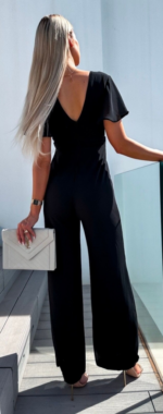 Kadın Kısa Kollu Kruvaze Yaka Sırt Dekolteli Pegasus Kumaş Tulum - Görsel 4