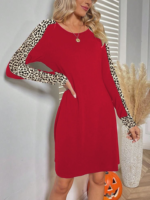 Kadın Uzun Kollu Bisiklet Yaka Kollar Leopar Detay Iki Iplik Mini Boy Elbise - Görsel 3