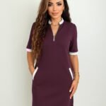 Kadın Kısa Kollu Yakadan Fermuarlı Cepli Yandan Yırtmaçlı Viskon Elbise