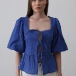 Kare Yaka Balon Kol Bluz - Mavi