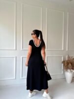 Kadın Yuvarlak Ribana Yaka Beyaz Yırtmaç Detaylı Viskon Tam Boy Elbise - Görsel 10