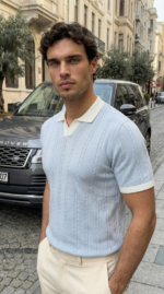 Erkek Örgü Desen Yakalı Kısa Kollu Triko Tişört - %100 Pamuk Akrilik - Görsel 3