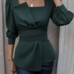 Kadın Uzun Kollu Geometrik Yakalı Belden Oturmalı Ithal Krep Bluz