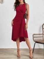 Kadın Sıfır Kollu Bisiklet Yaka Büzgülü Asimetrik Kesim Detaylı Janjan Krep Elbise - Görsel 3