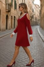 Kadın Uzun Kollu Kollar Tül V Yakalı Mini Janjan Krep Elbise - Görsel 3