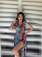 Kadın Kısa Kollu V Yakalı Desenli Yandan Yırtmaçlı Süprem Elbise - Görsel 4