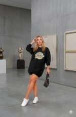 Kadın Uzun Kollu Bisiklet Yaka Yazılı Viskon Iki Iplik Elbise