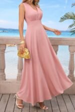 Kadın Askılı V Yakalı Bel Korsaj Detaylı Uzun Ithal Krep Elbise - Görsel 3