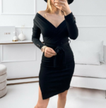 Kadın Uzun Kollu Kruvaze Yaka Bağcık Detay Akrilik Mini Boy Elbise - Görsel 7