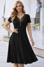 Kadın Kısa Kollu Dantel V Fermuar Yakalıuzun Viskon Elbise - Görsel 3