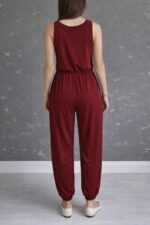 Kadın Askılı Yuvarlak Yakalı Cepli Viskon Tulum - Görsel 4