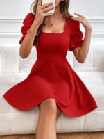 Kadın Kısa Kollu Kare Yakalı Kiloş Ithal Krep Elbise - Görsel 2